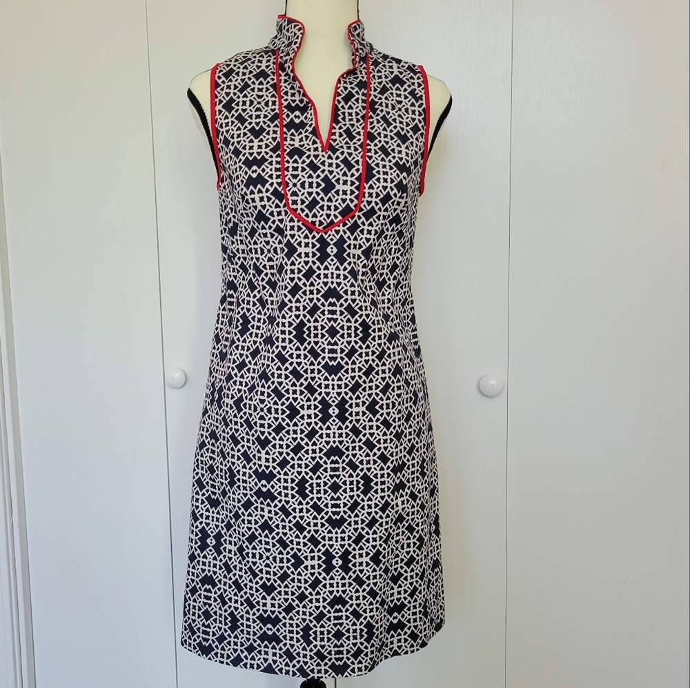 ELIZA J Retro Look Shift Dress. Navy, White, Red Size 2 Geometric Pattern